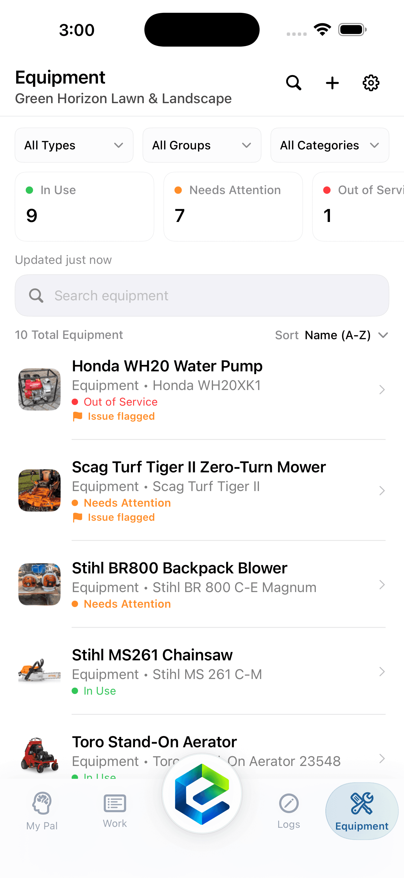 EquipPal equipment list on an iPhone