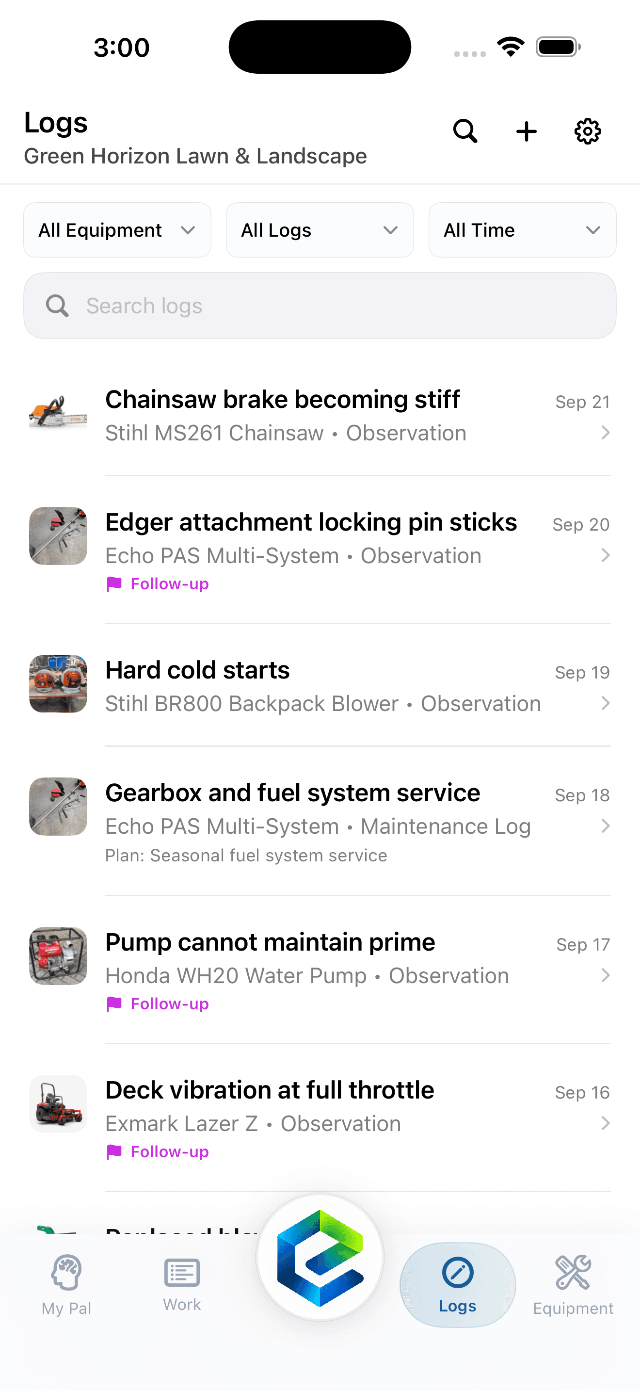 EquipPal recent activity on an iPhone