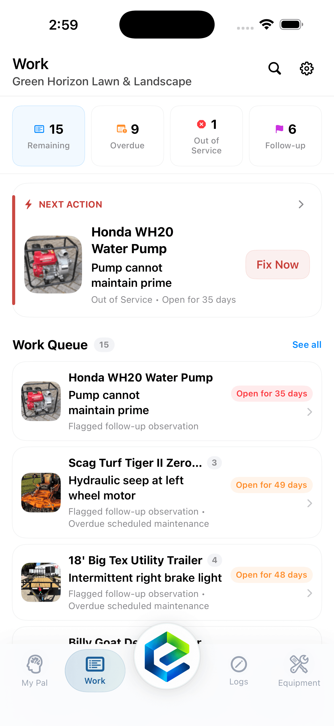 EquipPal worklist on an iPhone
