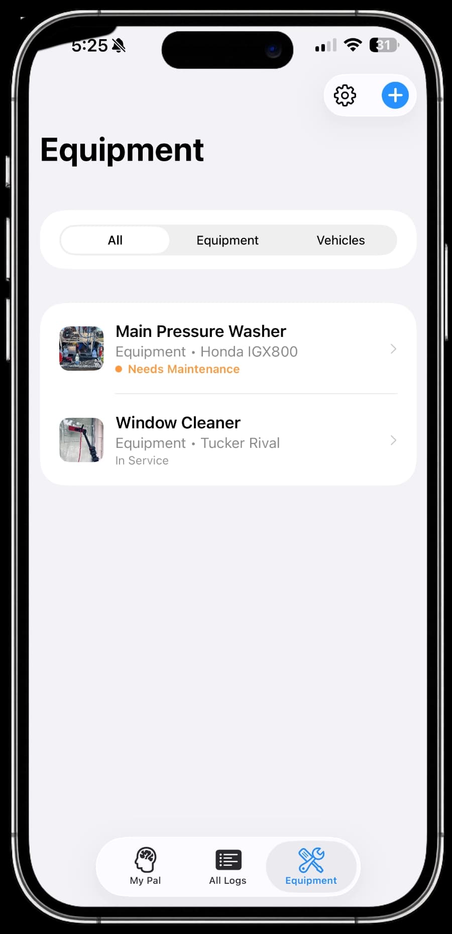 EquipPal equipment list on an iPhone