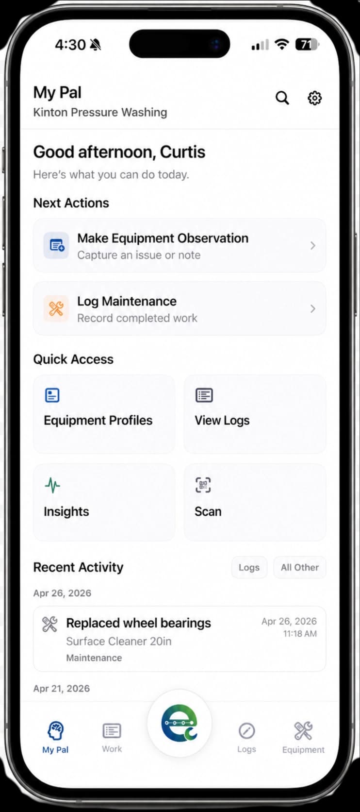 EquipPal home screen on an iPhone