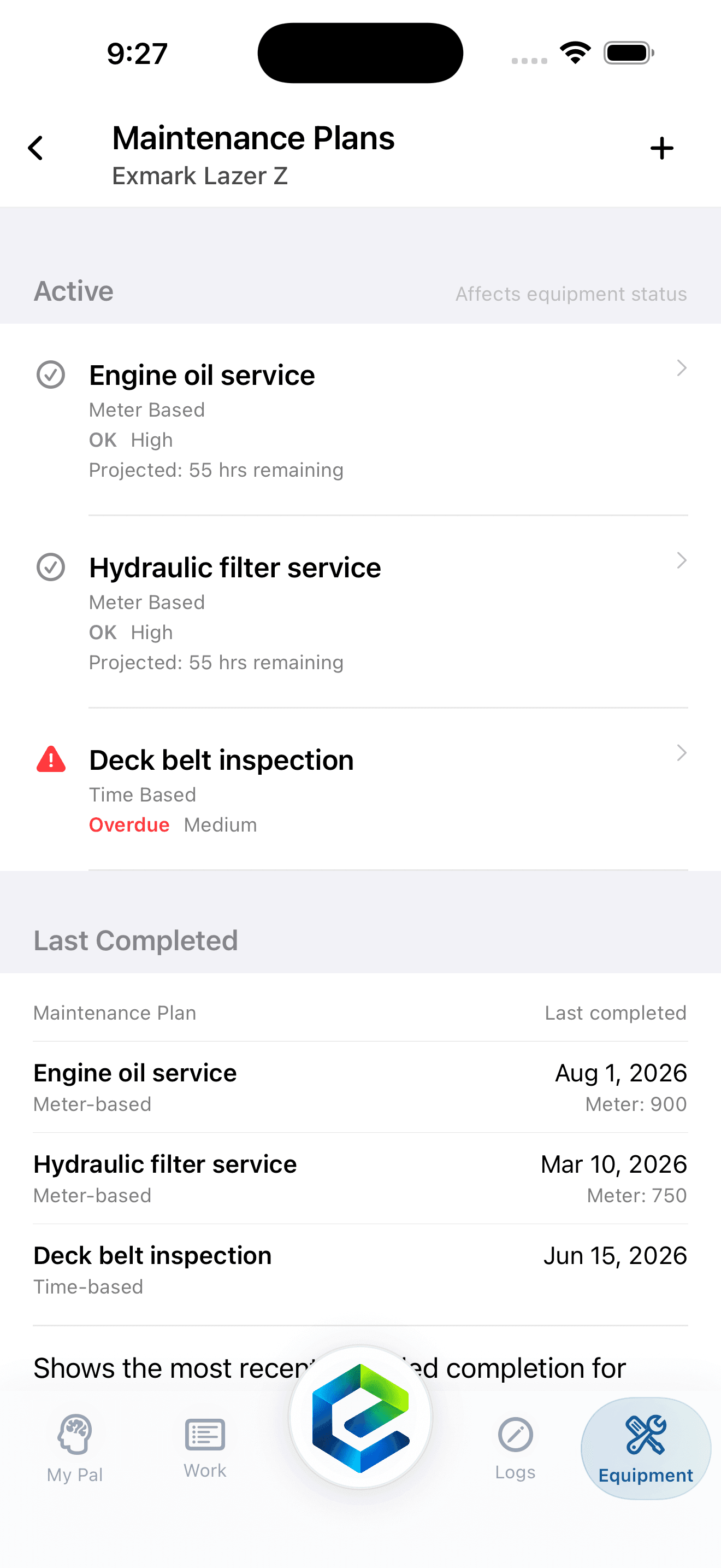 EquipPal Maintenance Plans screen showing time-based and meter-based service schedules