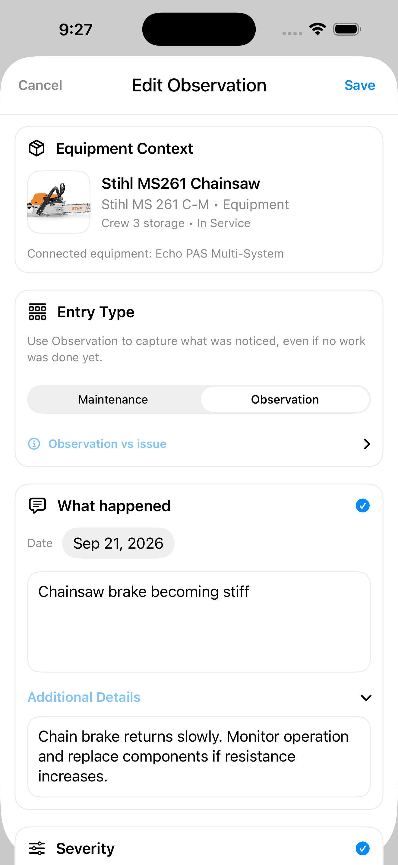 EquipPal Observation form for documenting a chainsaw brake concern