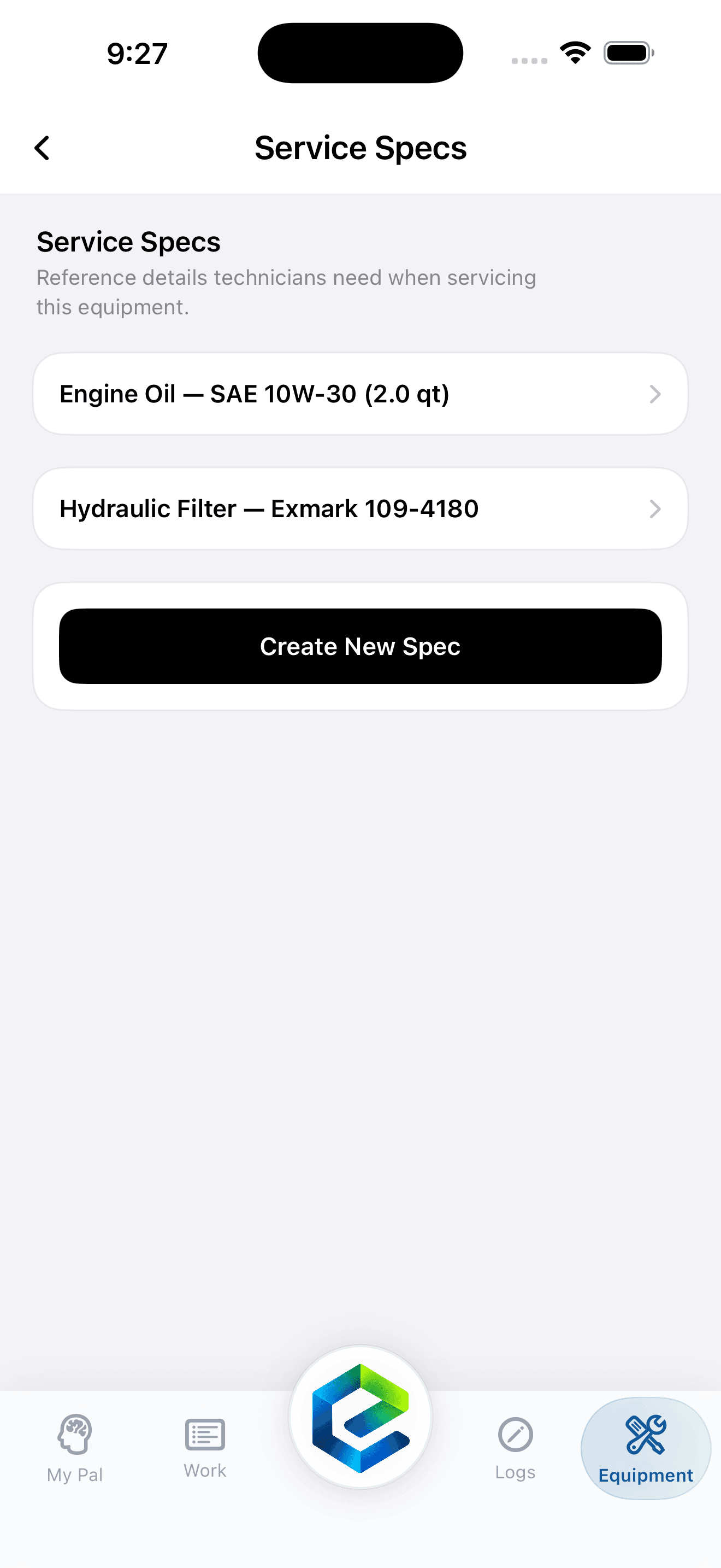 EquipPal Service Specs screen showing oil and hydraulic filter details